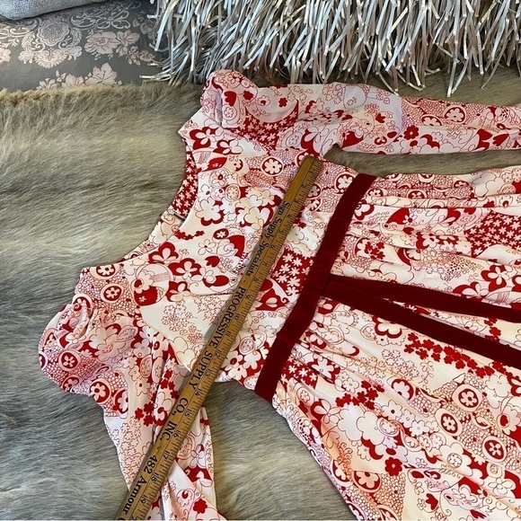 70’s Vintage BRADY BUNCH Party Dress S White Red Floral Puff Sleeves Maxi Dress - Picture 5 of 17